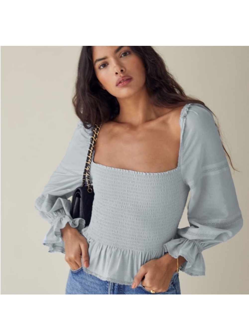 Reformation Roland Smocked Top in Mineral Blue
